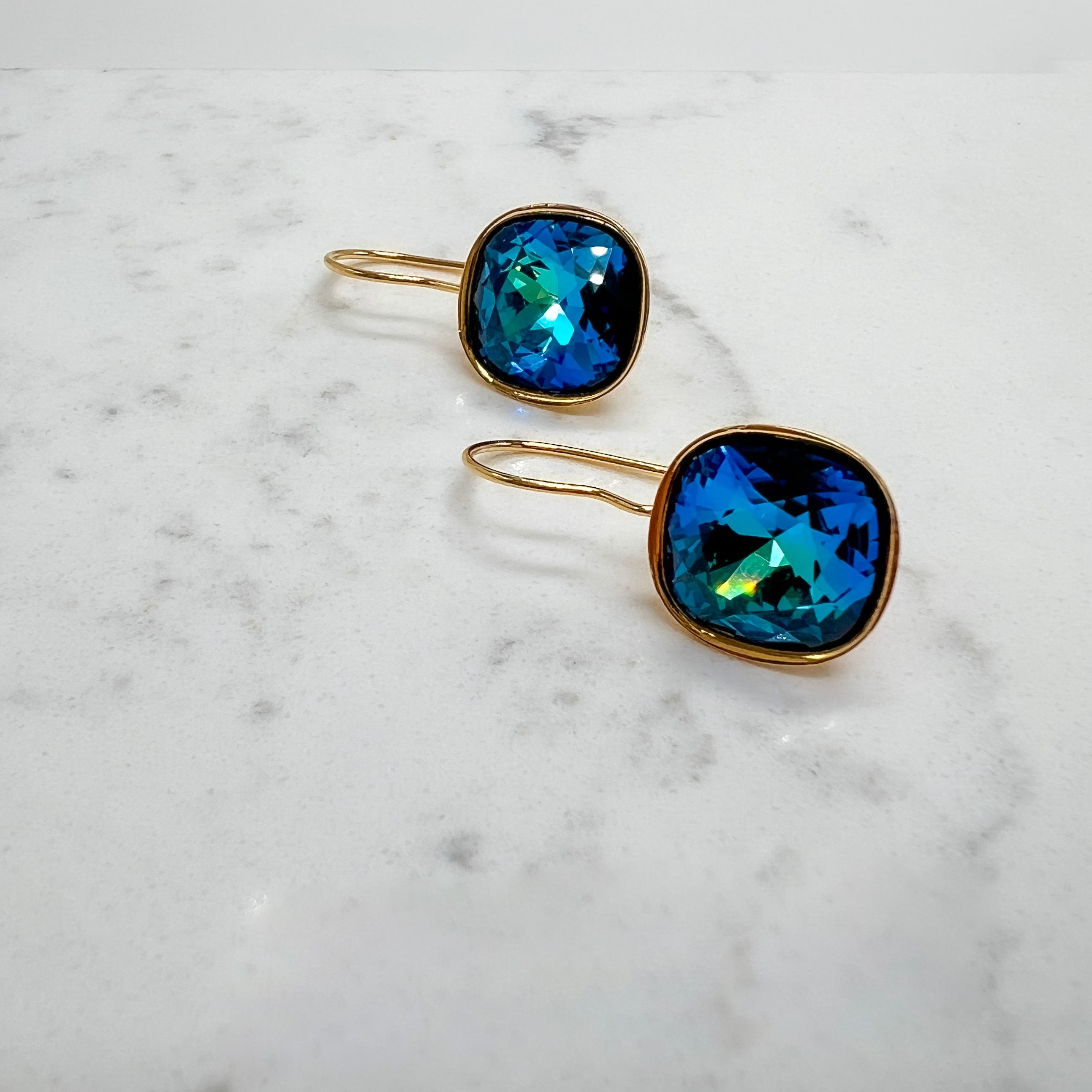 Vibrant Turquoise Blue "Peacock" Crystal Cushion Cut Earring