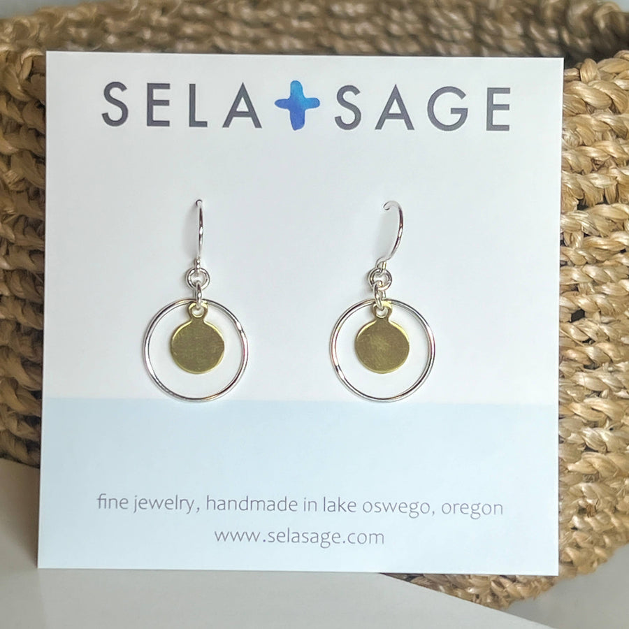 Mixed Metals, Sterling Silver & Gold Brass Circle Earrings