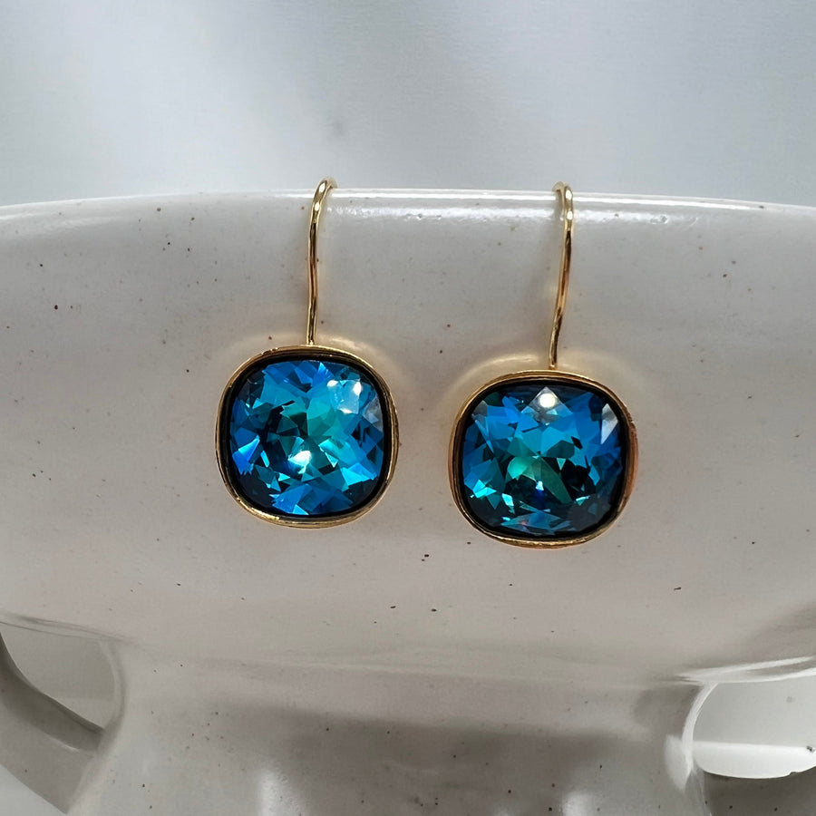 Vibrant Turquoise Blue "Peacock" Crystal Cushion Cut Earring