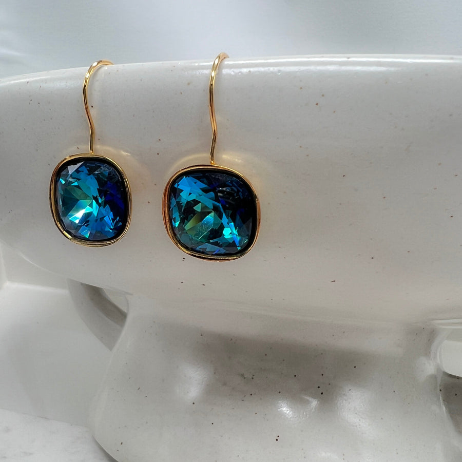 Vibrant Turquoise Blue "Peacock" Crystal Cushion Cut Earring