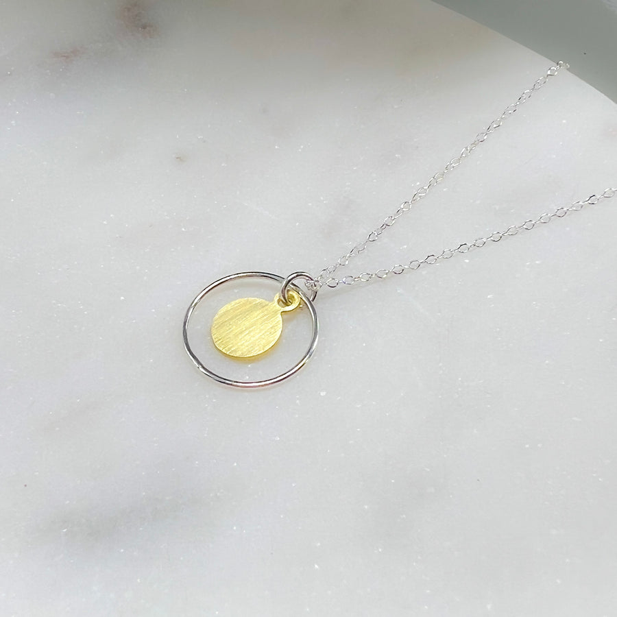 Silver and Gold Brass Mixed Metal Circle Disc Necklace