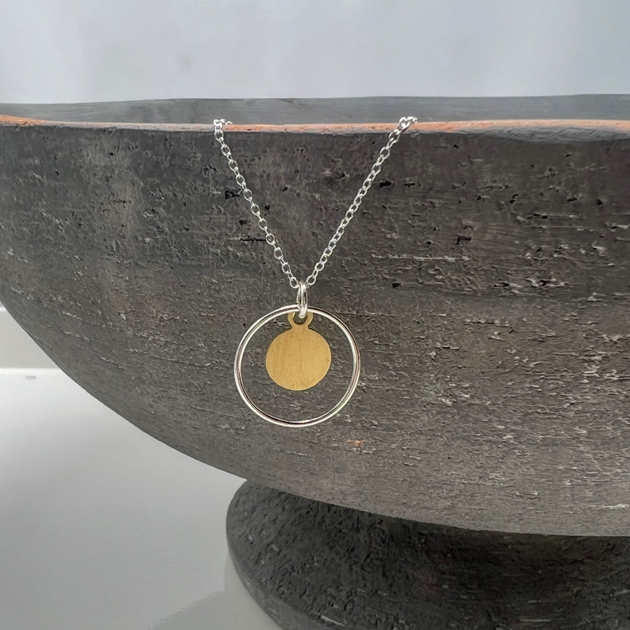 Silver and Gold Brass Mixed Metal Circle Disc Necklace