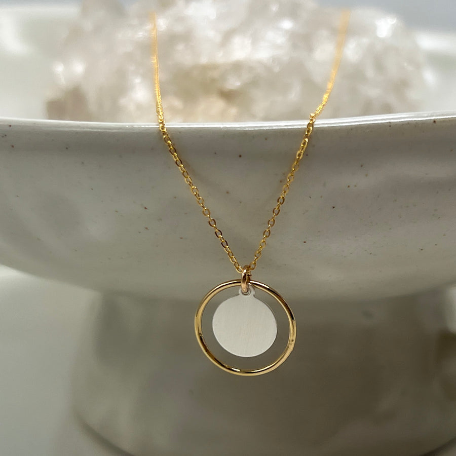 Mixed Metal Circle Coin Necklace, Gold Filled & Sterling Silver