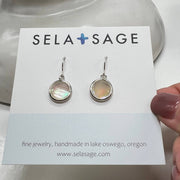 Small Round Mother of Pearl Earrings, Bezel Teardrops GF