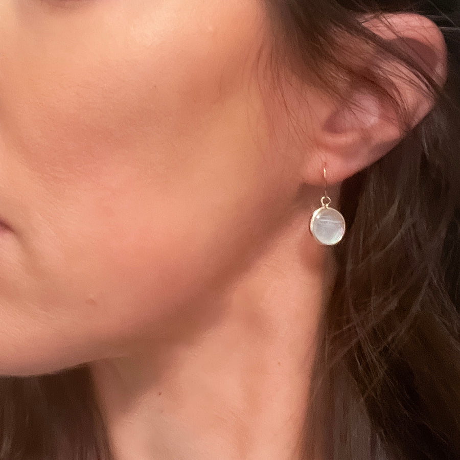 Round Silver Mother of Pearl Earrings, Bezel Teardrops