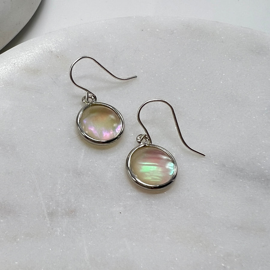 Round Silver Mother of Pearl Earrings, Bezel Teardrops