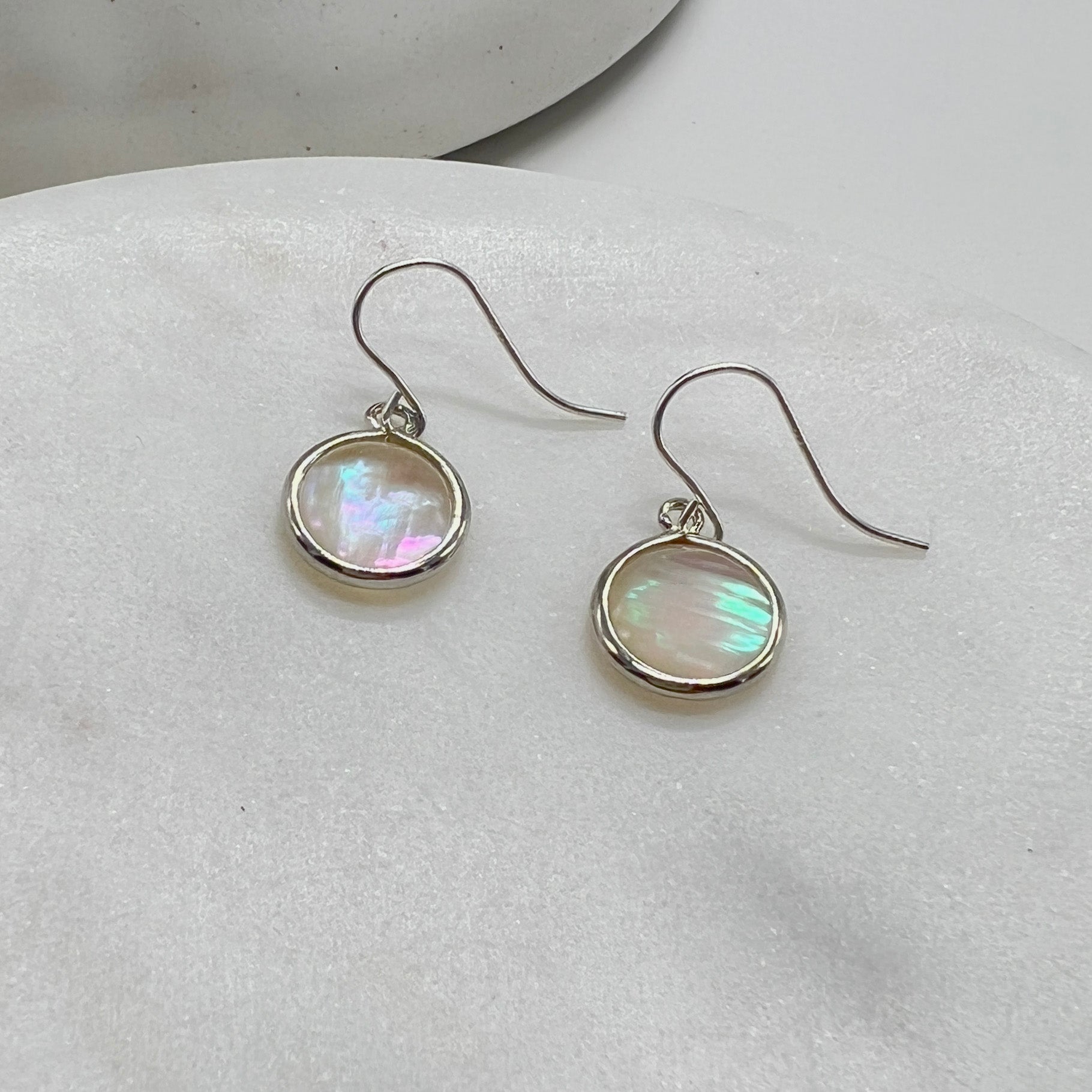 Round Silver Mother of Pearl Earrings, Bezel Teardrops