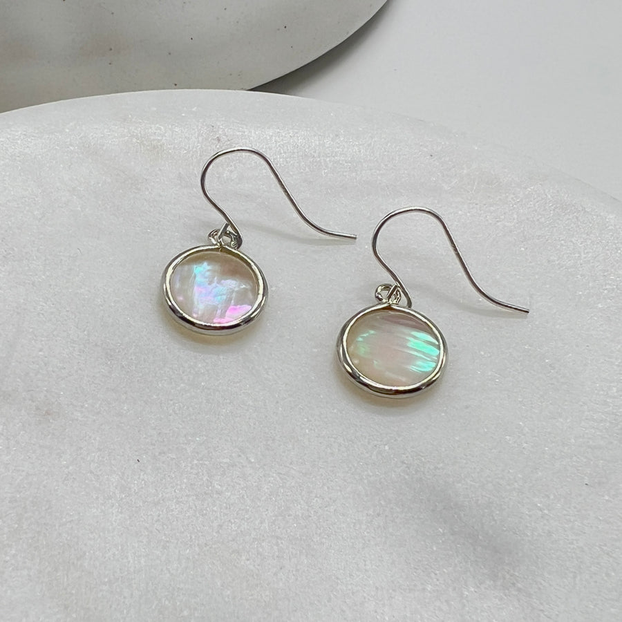 Round Silver Mother of Pearl Earrings, Bezel Teardrops