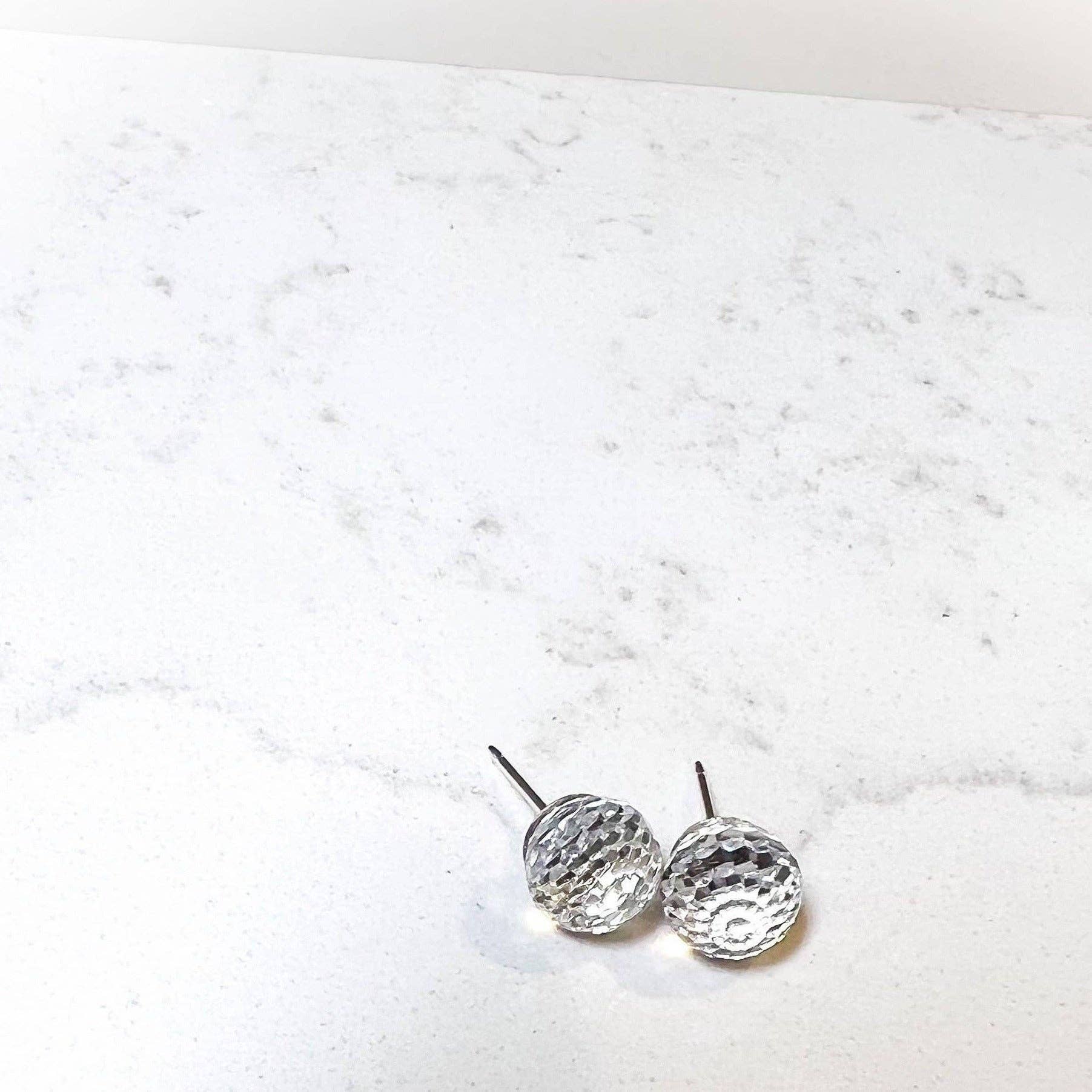 Disco Ball, Sterling Silver, Faceted Crystal Stud Earrings