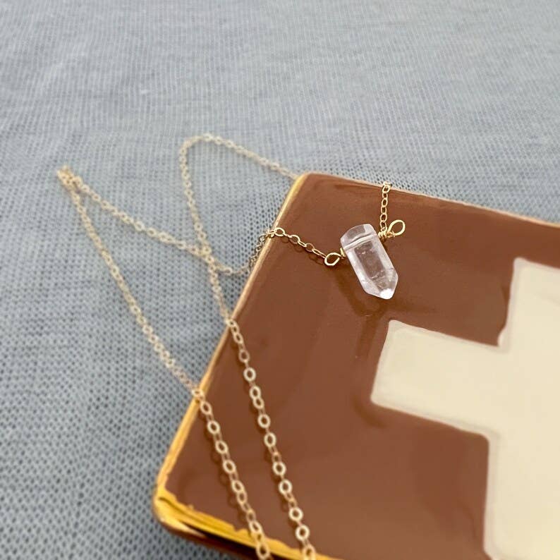 Clear Quartz Crystal Healing Necklace in Gold Filled