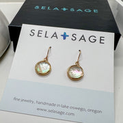 Mother of Pearl Coin Earrings, Gold Bezel Teardrops