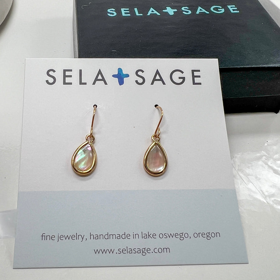 Small Mother of Pearl Earrings, Bezel Teardrops Gold Filled