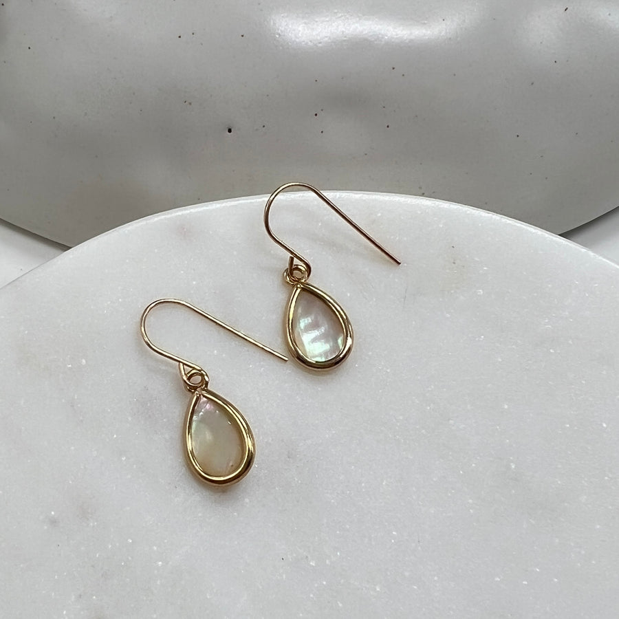 Small Mother of Pearl Earrings, Bezel Teardrops Gold Filled