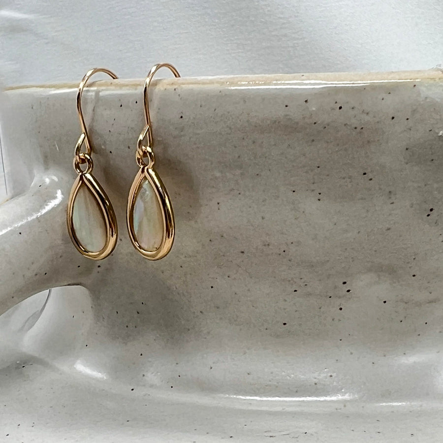 Small Mother of Pearl Earrings, Bezel Teardrops Gold Filled
