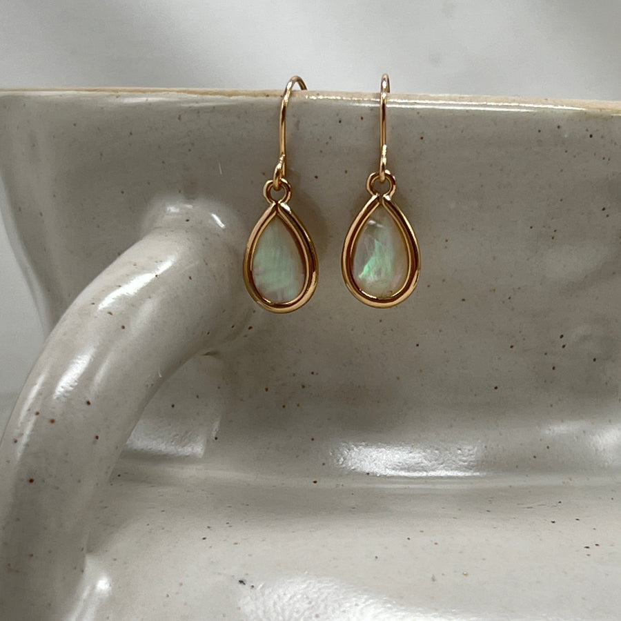 Small Mother of Pearl Earrings, Bezel Teardrops Gold Filled
