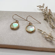 Mother of Pearl Coin Earrings, Gold Bezel Teardrops