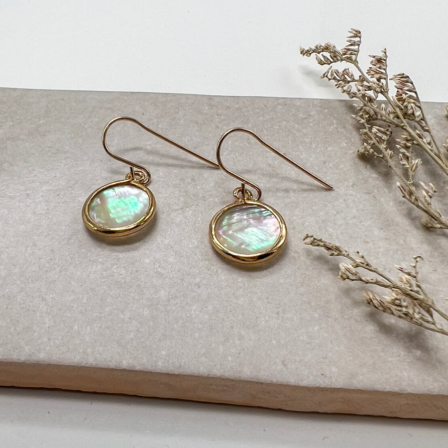 Mother of Pearl Coin Earrings, Gold Bezel Teardrops