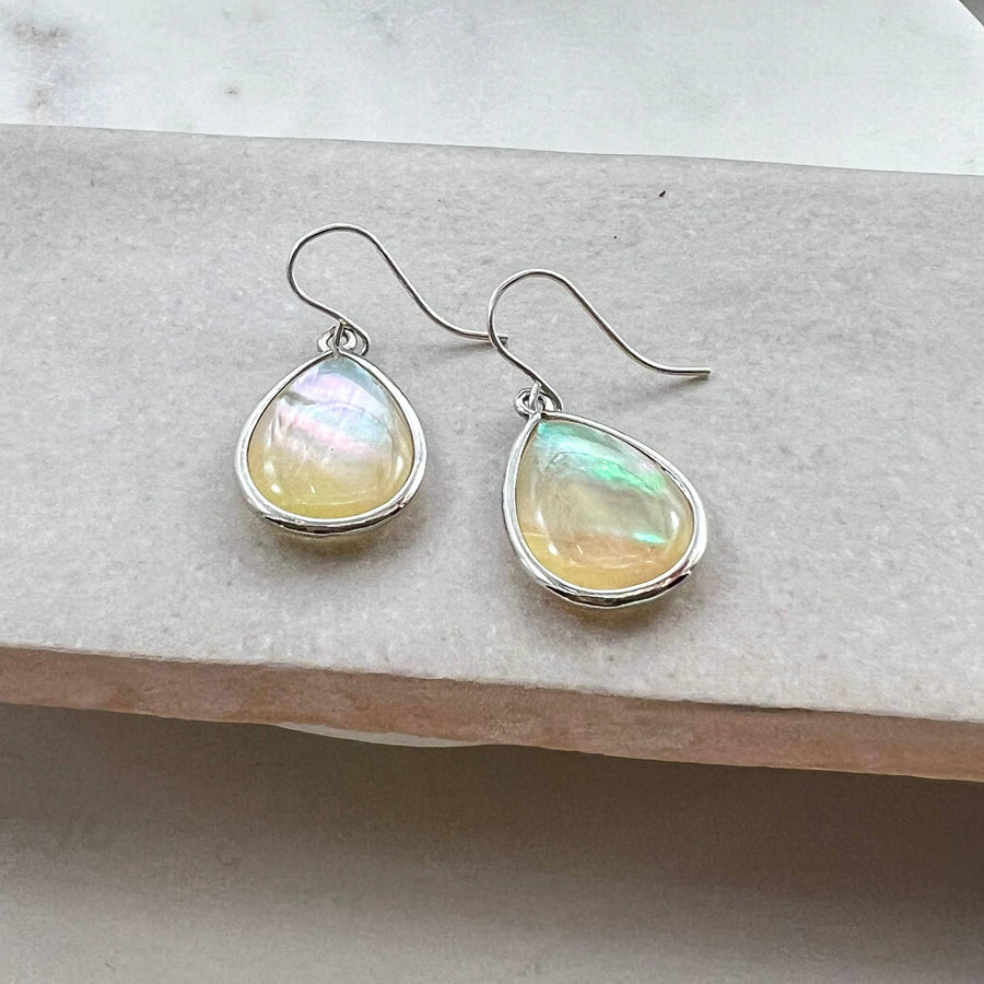 Large Mother of Pearl Drop Bezel Earrings, Sterling Silver