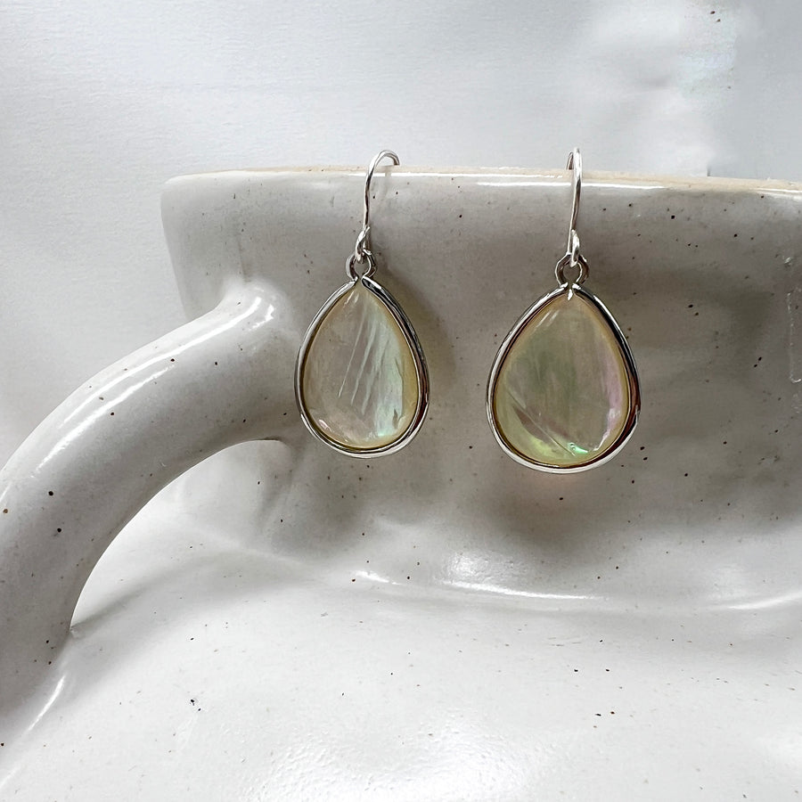 Large Mother of Pearl Drop Bezel Earrings, Sterling Silver