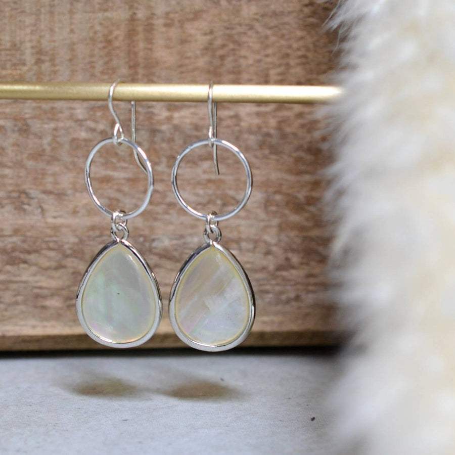 Large Mother of Pearl Drop Bezel Earrings with Circle Dangle