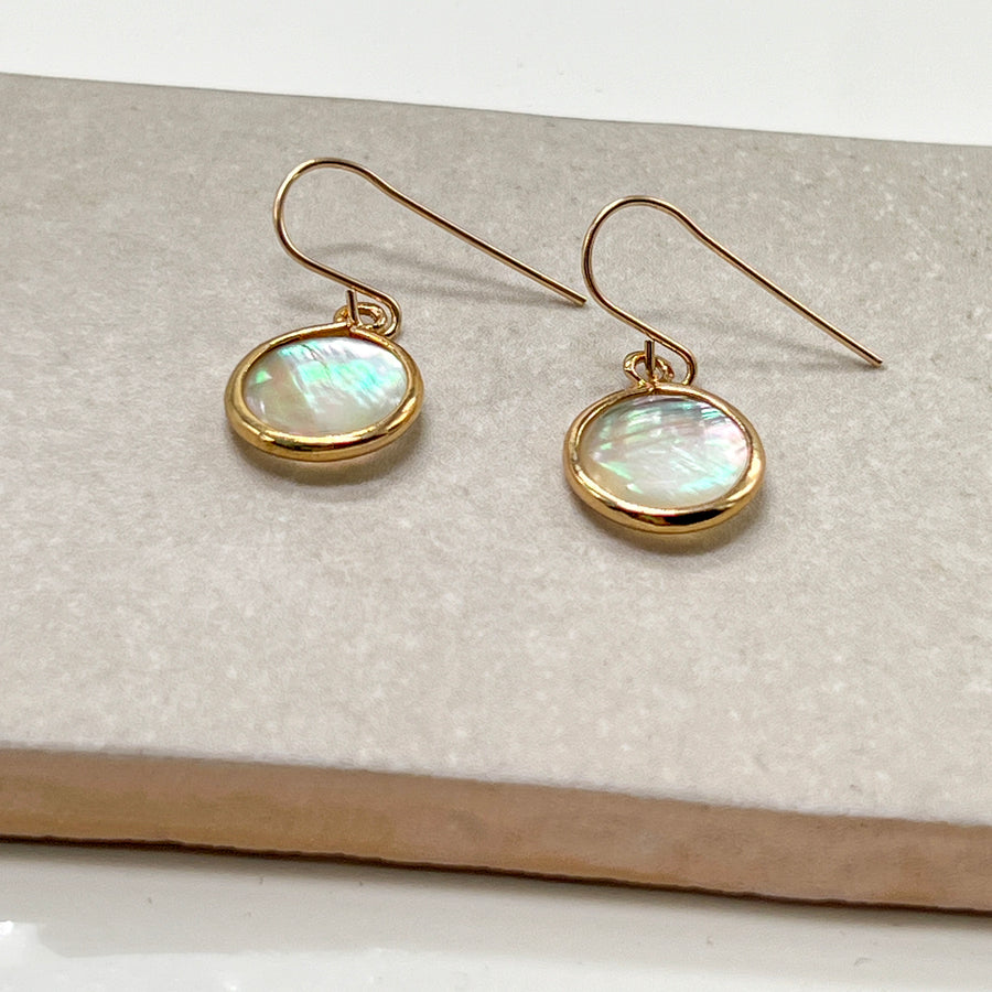 Mother of Pearl Coin Earrings, Gold Bezel Teardrops
