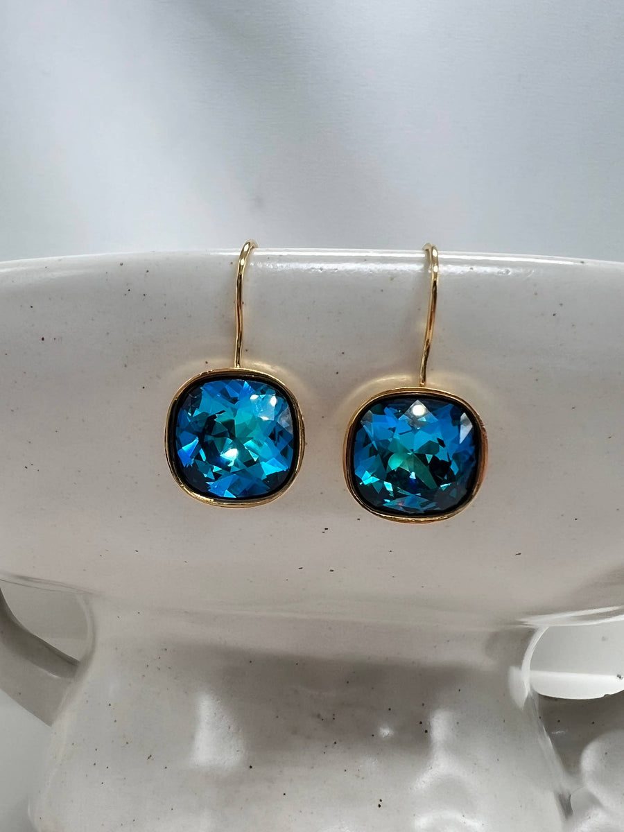 Vibrant Turquoise Blue "Peacock" Crystal Cushion Cut Earring