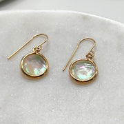 Mother of Pearl Coin Earrings, Gold Bezel Teardrops
