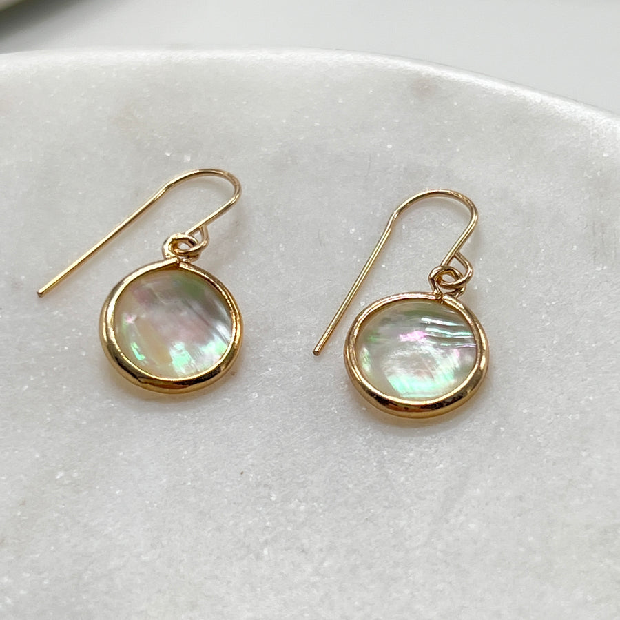 Mother of Pearl Coin Earrings, Gold Bezel Teardrops