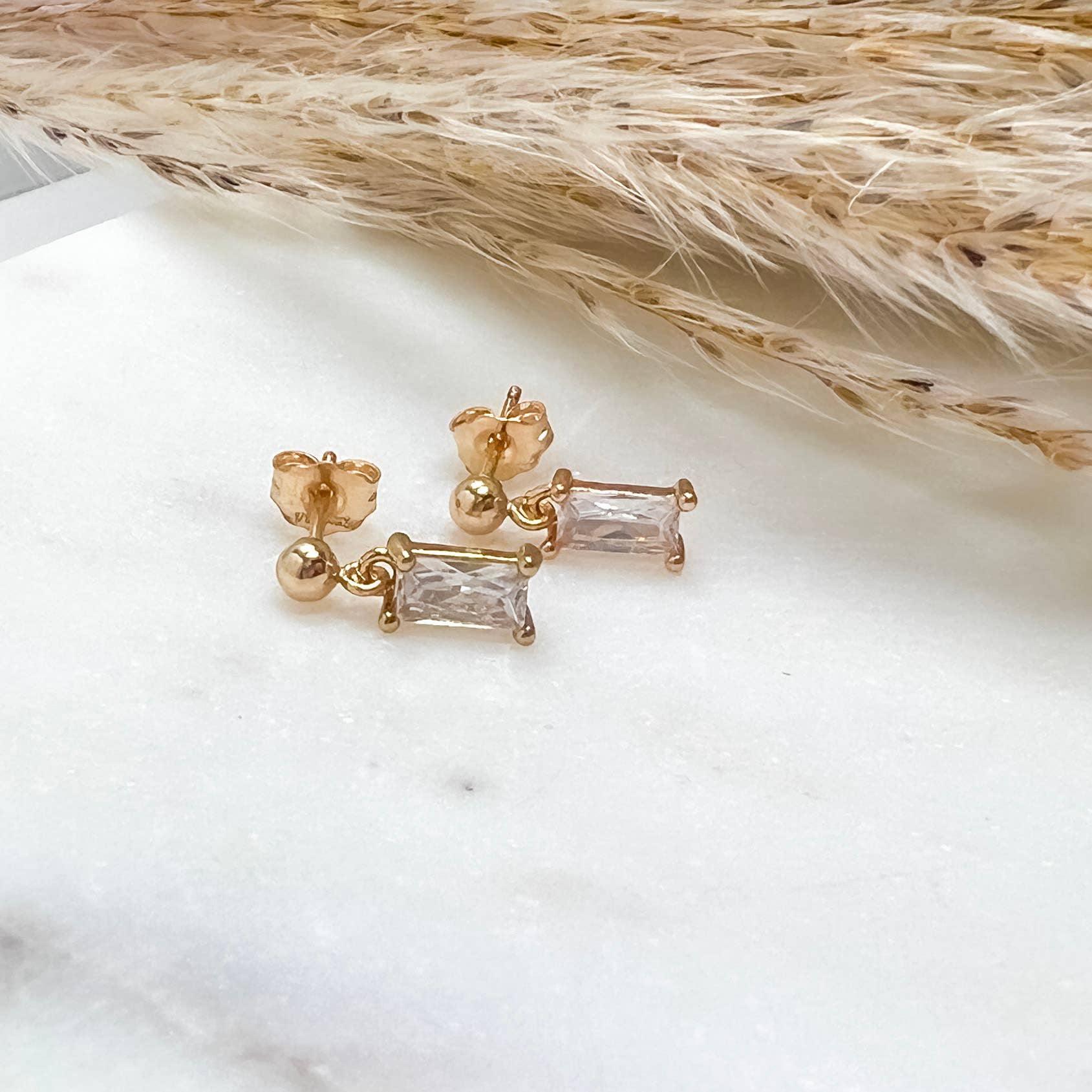 Diamond (CZ) Baguette Petite Dangle Studs, Gold Filled