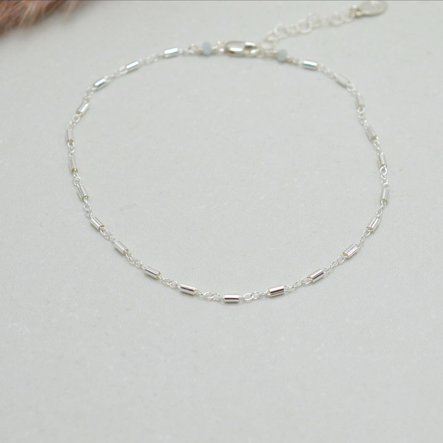Silver Anklet,  Sterling Silver Linked Bar Chain Anklet with Heart Charm, Layering Anklet, Silver Body Jewelry
