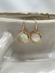 Mother of Pearl Coin Earrings, Gold Bezel Teardrops