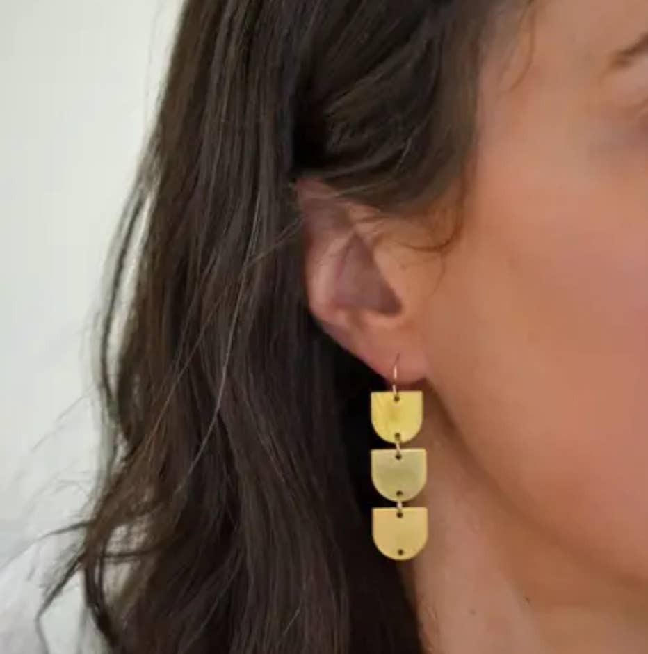 Circle Arch Three, Worn Brass Drop  Earrings & Gold Filled