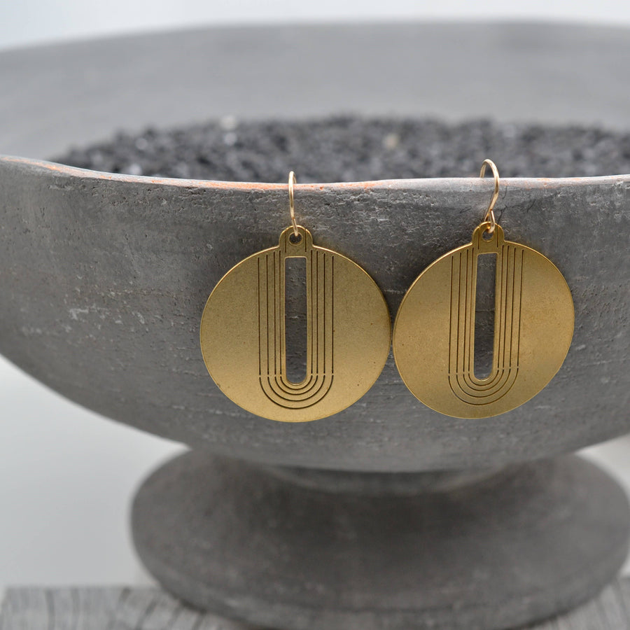 Engraved Arch, Circle Earrings in Brass