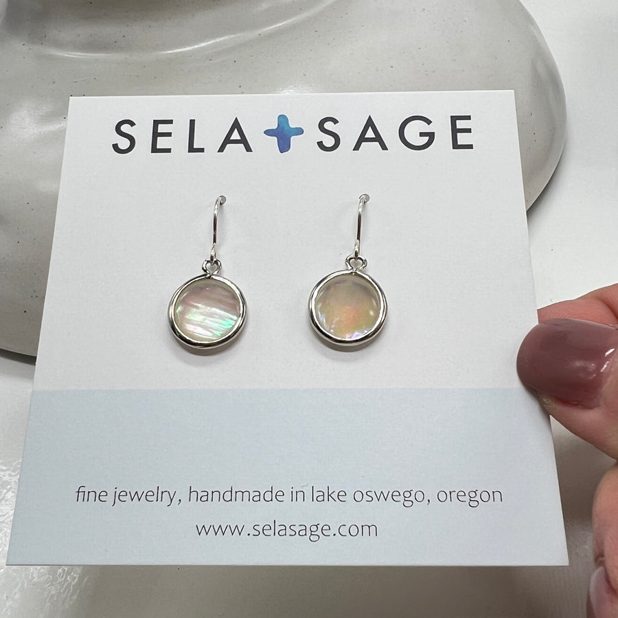 Round Silver Mother of Pearl Earrings, Bezel Teardrops