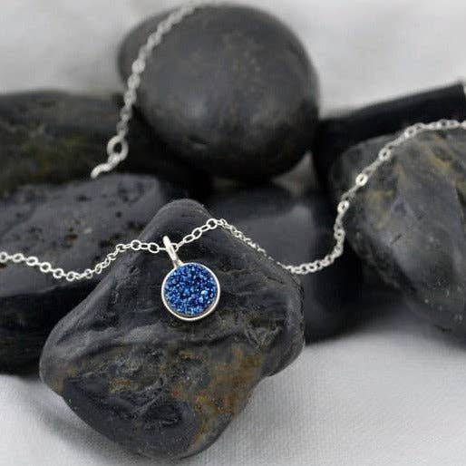 Blue Druzy Cicle Pendant Sterling Silver