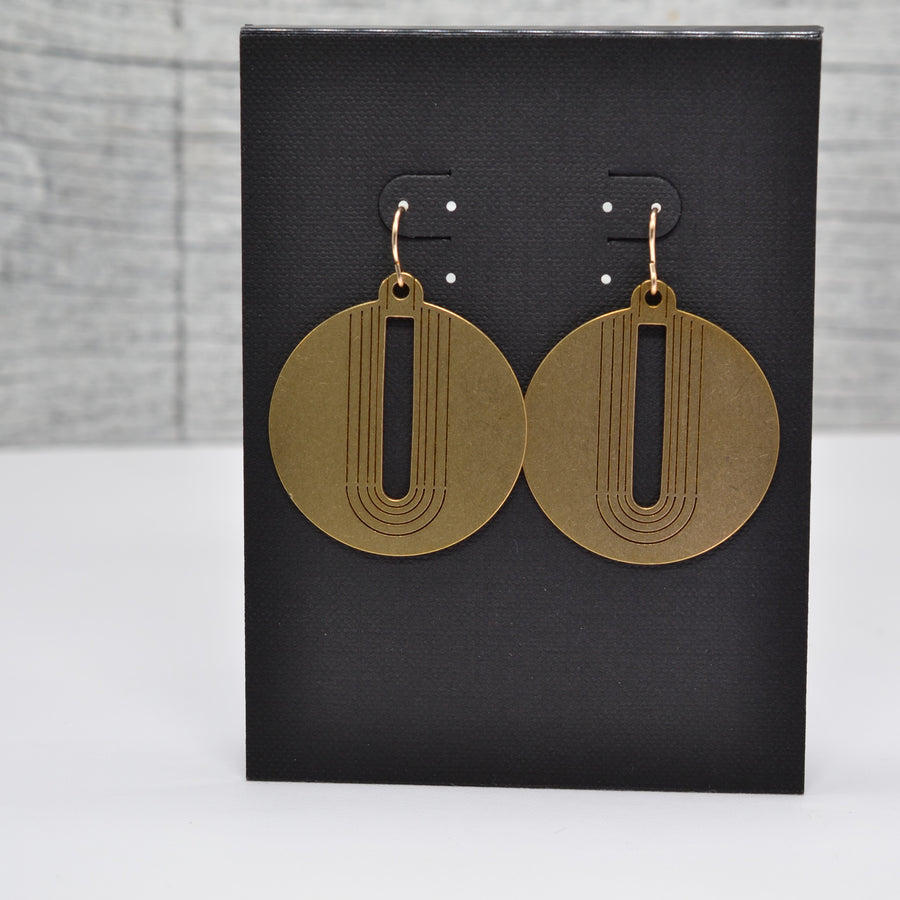 Engraved Arch, Circle Earrings in Brass