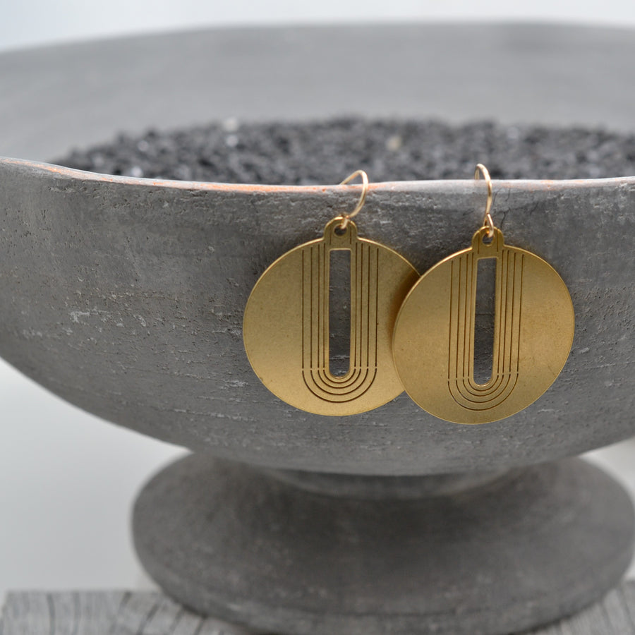 Engraved Arch, Circle Earrings in Brass