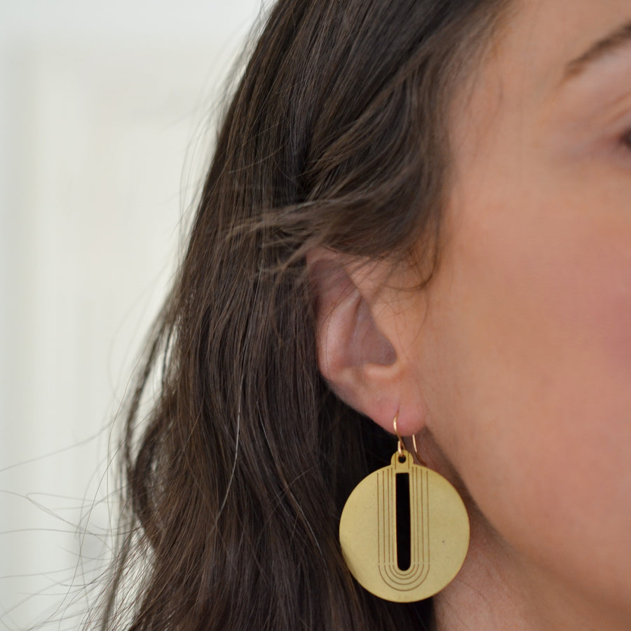 Engraved Arch, Circle Earrings in Brass