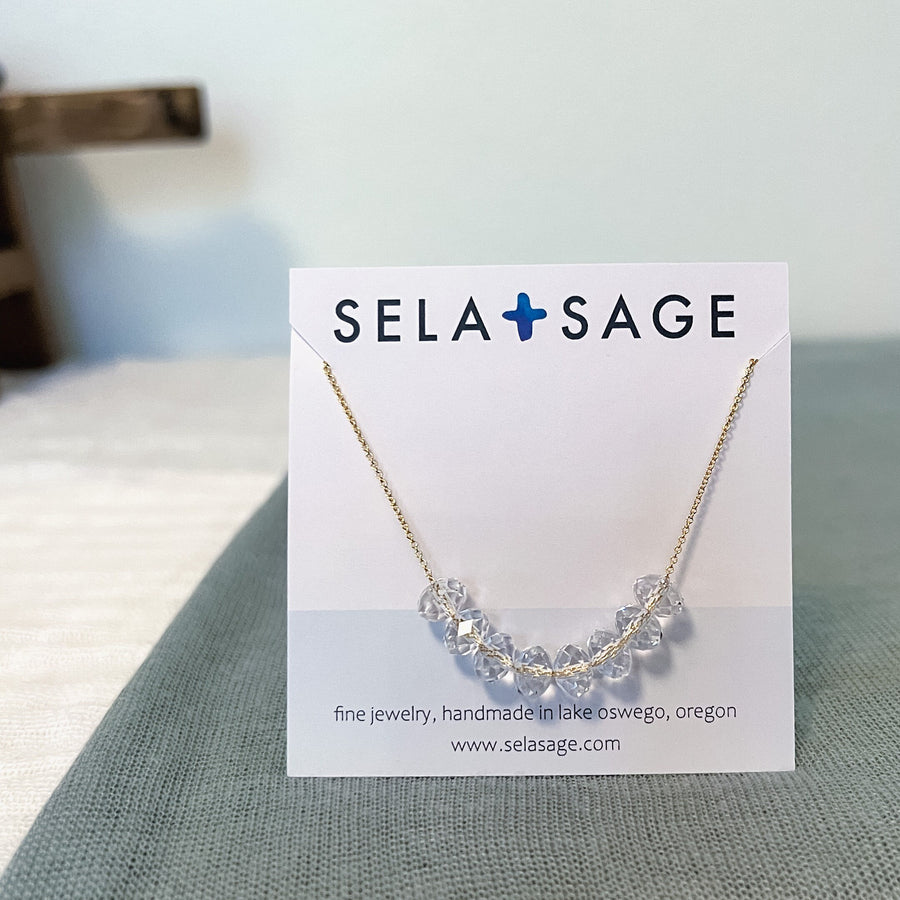 Sela and Sage Swarovski crystal necklace on a display card inside a signature matte black jewelry gift box for bridesmaids.
