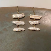 Baroque Pearl Bar Earrings, Three Raw Pearl - GF or Sterling Silver - Sela+Sage - Dangle Earrings