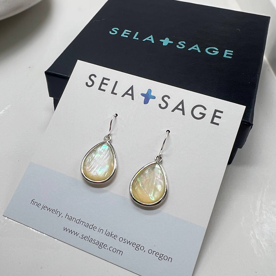 Large Mother of Pearl Drop Bezel Earrings, Sterling Silver