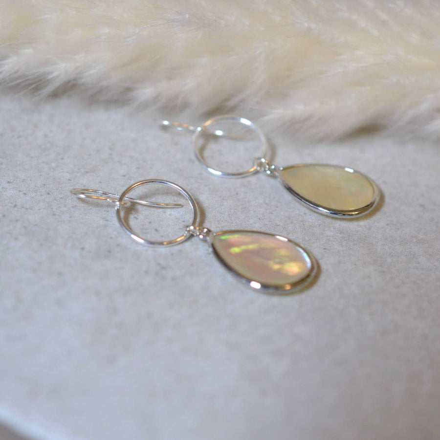 Large Mother of Pearl Drop Bezel Earrings with Circle Dangle