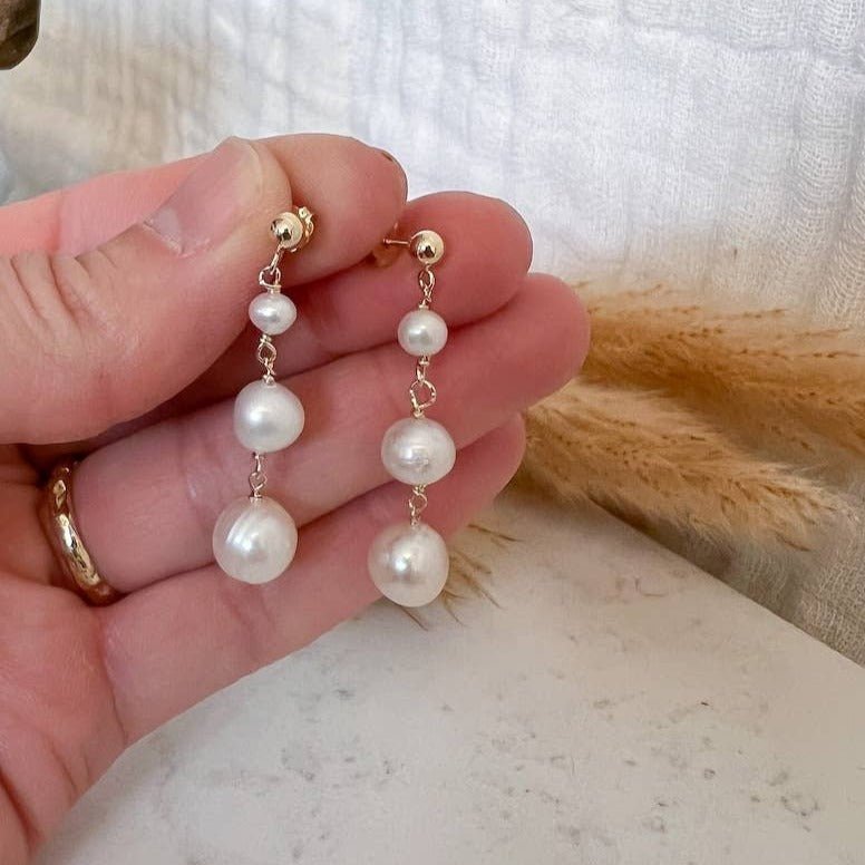 Cascading Pearls Earrings, Graduated - GF or Sterling Silver - Sela+Sage - Dangle Earrings
