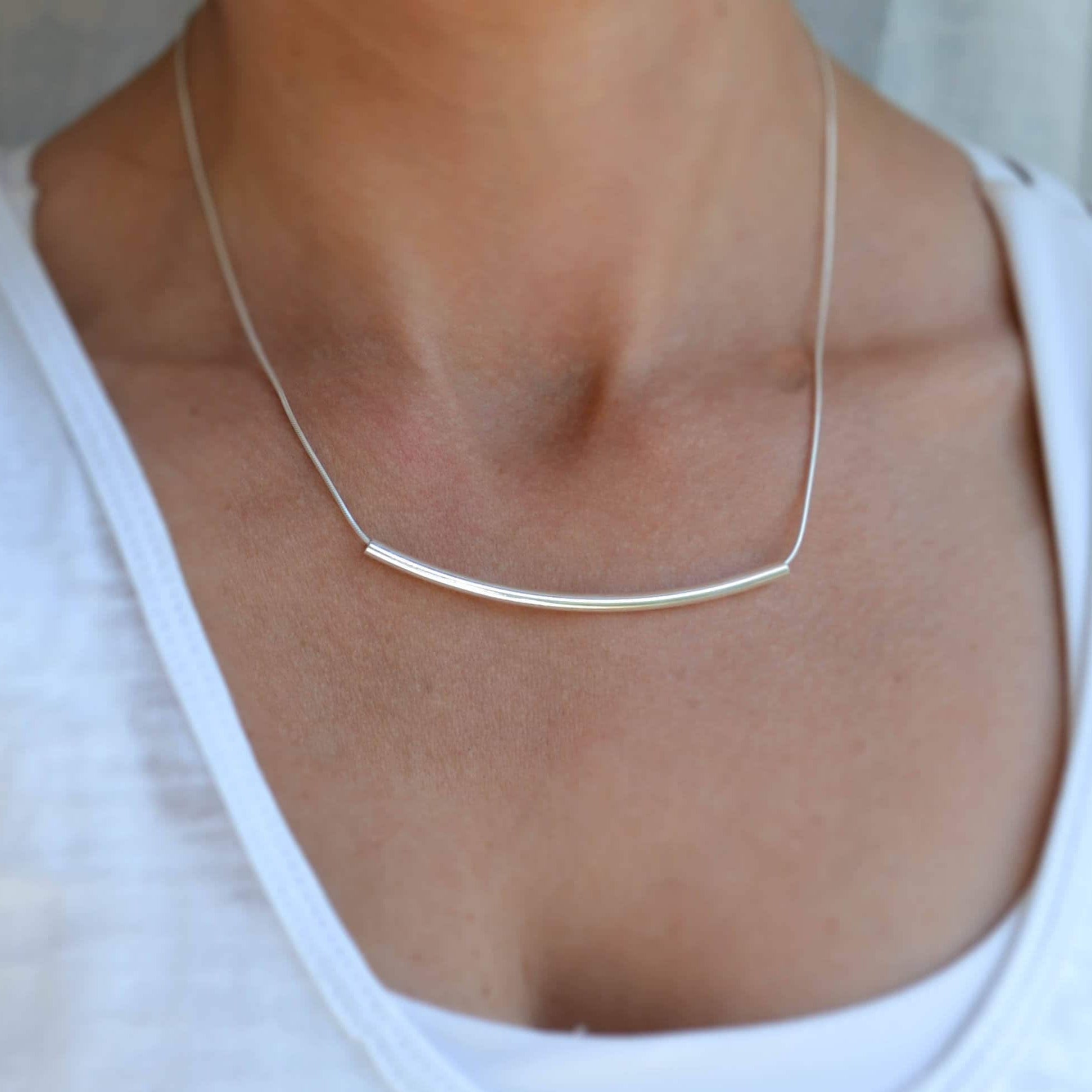 Curved Bar Necklace Long, Snake Chain - Sterling Silver - Sela+Sage - Link & Chain Necklace