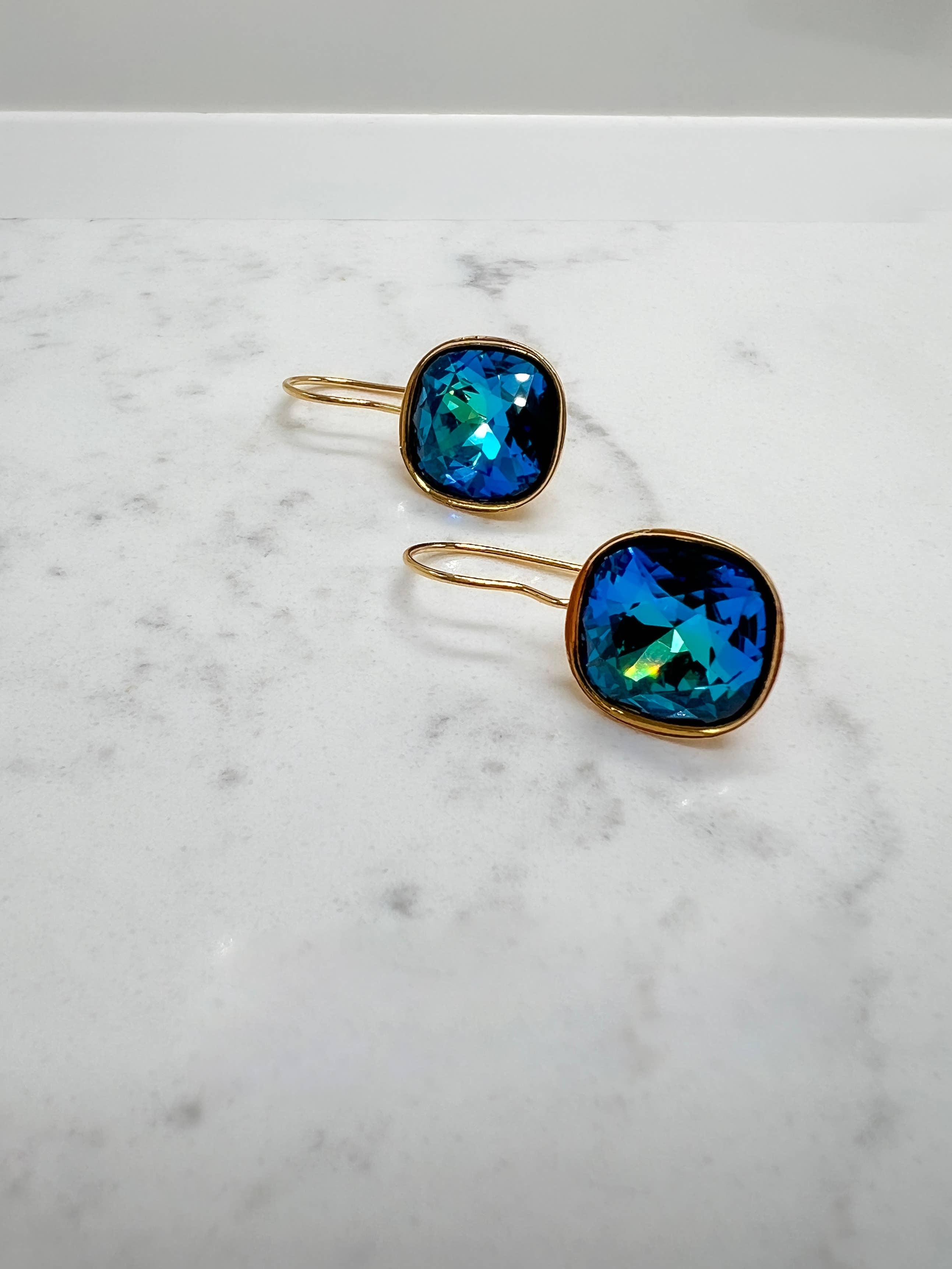 Vibrant Turquoise Blue "Peacock" Crystal Cushion Cut Earring