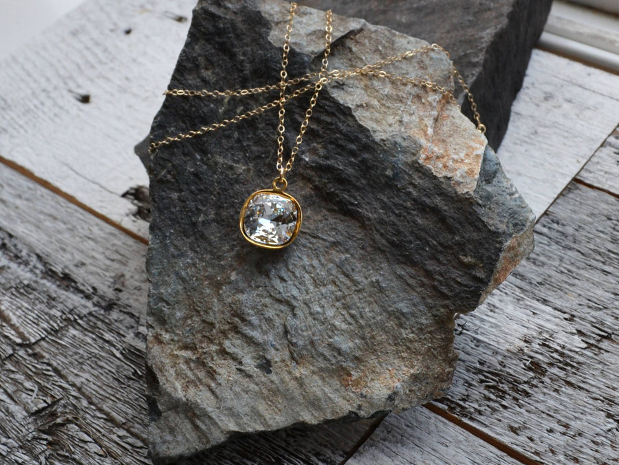 Swarovski Crystal Bridal Necklace, Gold Crystal Necklace, Square Cushion Cut Diamond, Large Crystal Clear, Bridesmaids Necklace Set, Gift