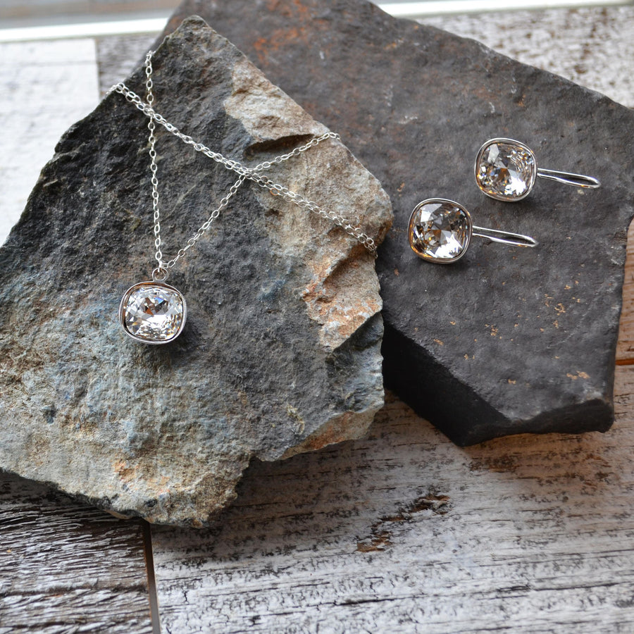 Silver Cushion Cut Rhinestone Earrings