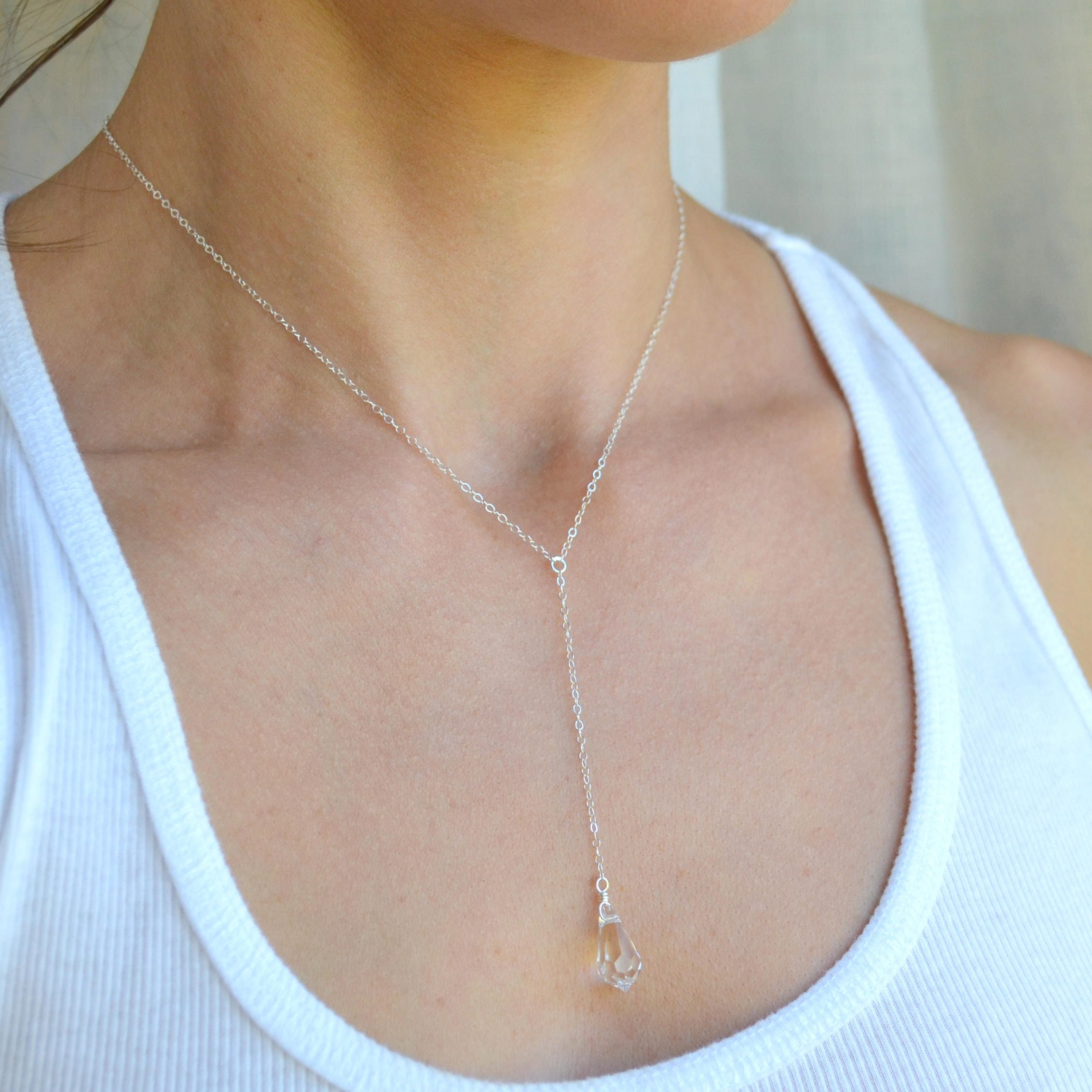 Teardrop Crystal Y Necklace, Long Lariat Necklace, Bridal Jewelry Set, Y Necklace Silver, Rose Gold Crystal Drop Necklace, Simple Wedding