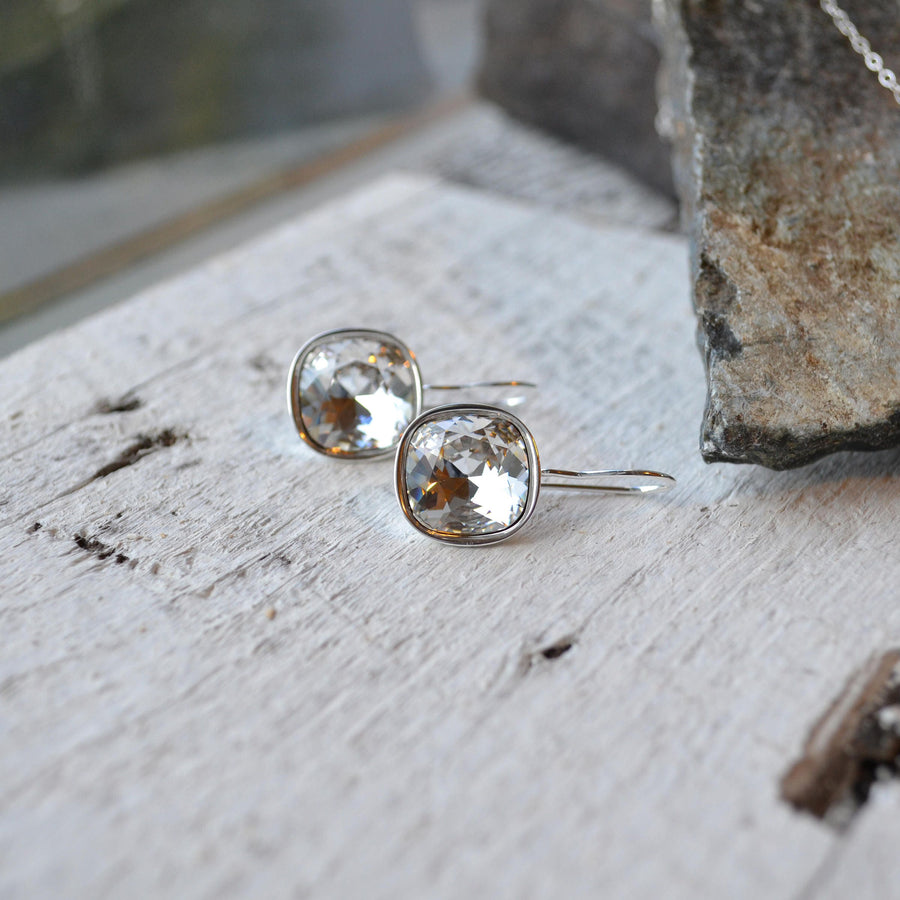 Silver Cushion Cut Rhinestone Earrings