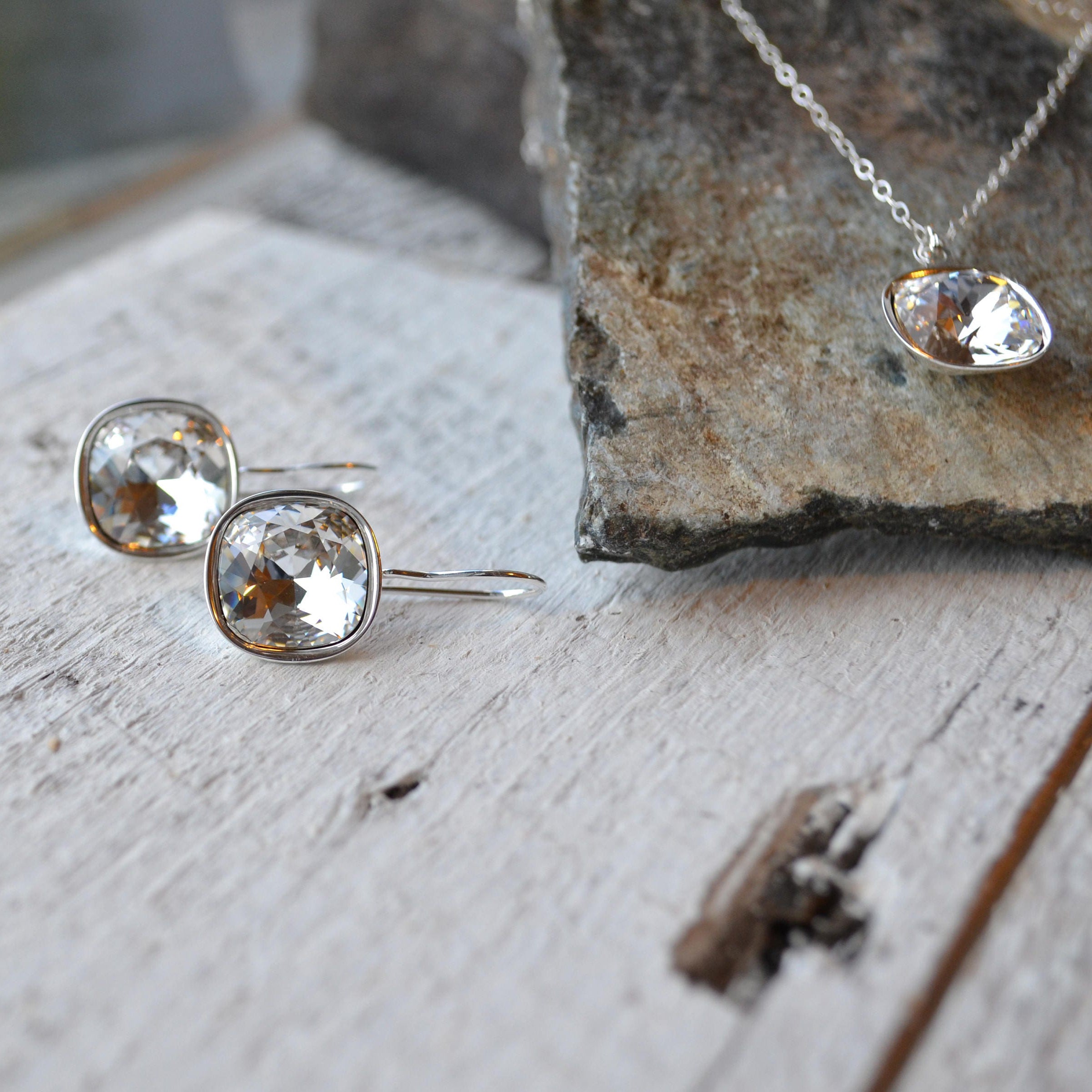 Silver Square Crystal Pendant Necklace